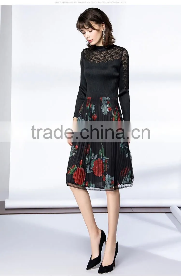 Pleat large sized spring lace splicing printed dress for women