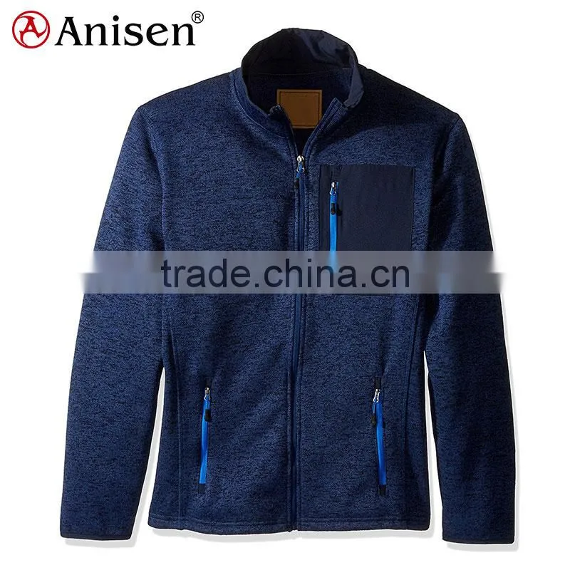 Navy blue two side pocket contrast zippers sweater fleece jacket