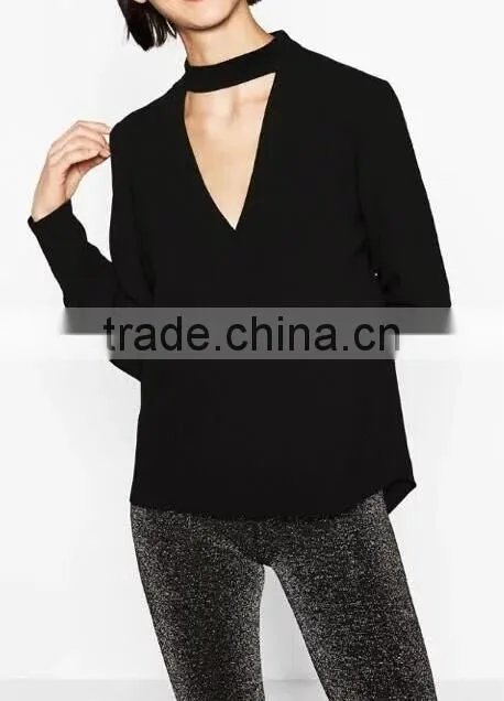Runwaylover EY2376B Ladies 2017 Deep V-Neck Sexy Pure Color Blouse