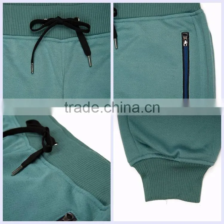 Hot sale plain green casual elastic waist zipper jogger mens 100% polyester loose sweat pants