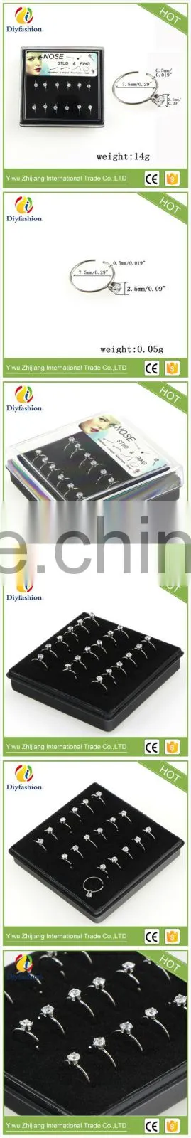 Hot sell stainless steel round zircon nose ring with plastic box
