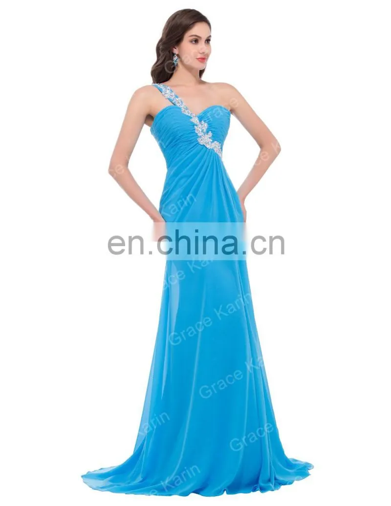 New arrival one shoulder blue Beaded chiffon High Split evening dress CL3183-1