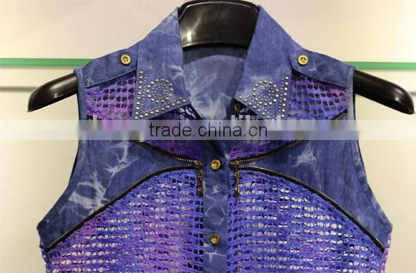 Purple and blue hollowed-out sleeveless tops with a shirt collar for women