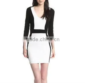 black and white match deep v neck up to knee long sleeve career dress