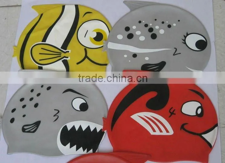 color silkscreen printing cartoon goldfish silicone swimming caps for children