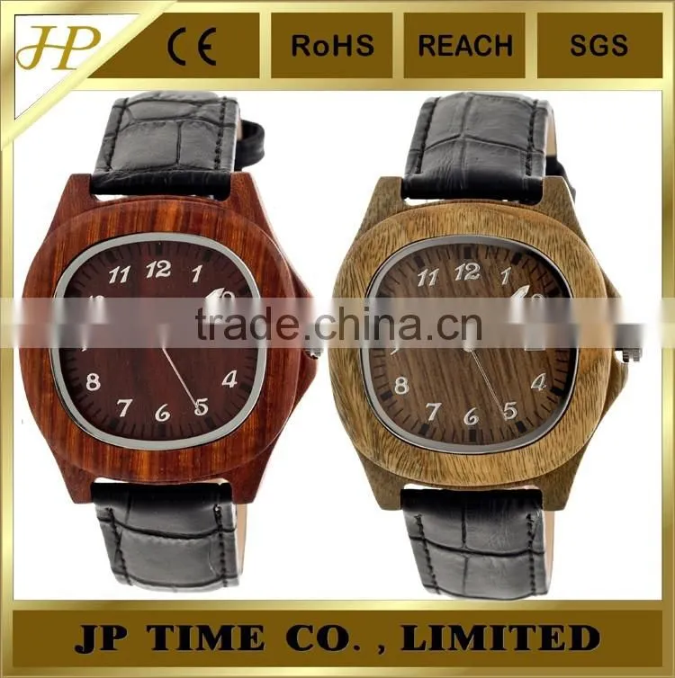 New coming natural square indonesia wooden watch leather strap date function