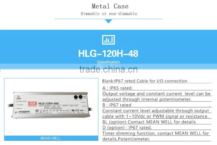 IP65 Meanwell HLG-120H-48A 120w 48v pwm dimmable led driver