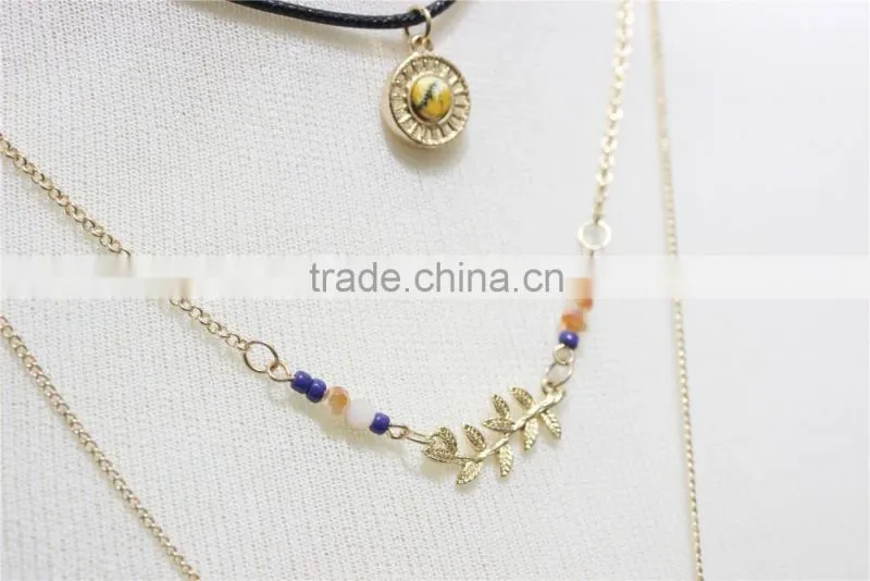 Gold Chain Layered Necklace w/Blue & Tan Bead Gold Leaf & Bird Metal Necklace 2016 Fashion Style Wholesale