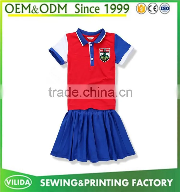 Good quality kindergarten uniform fashion primary school uniform red polo shirt and bule shorts or skirt