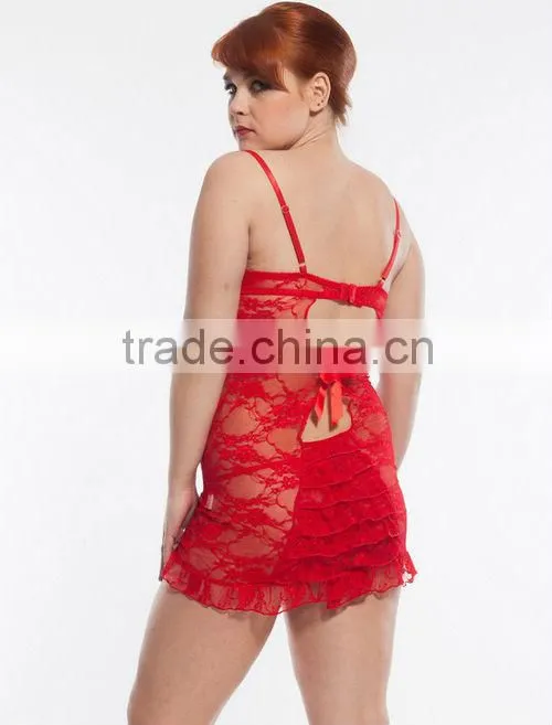 Red color high quality wholesale 2016 plus size sexy lace transparent nightwear for women