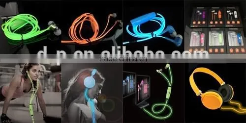 mobile sport earphone stereo chat LED EL wire glowing earphone flash with microphone