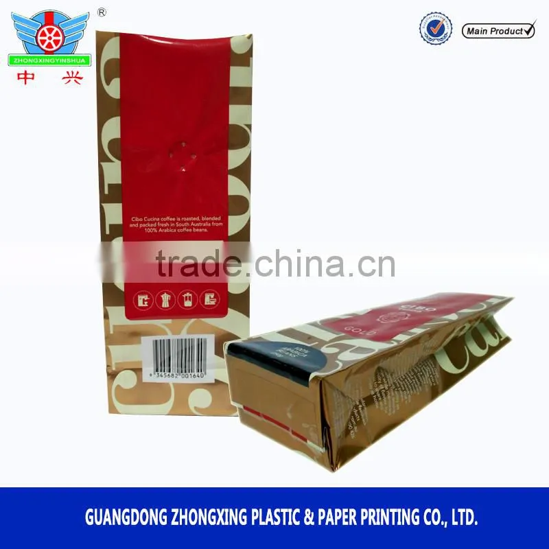 high barrier foil coffee bean packaging bags with valve and block bottom