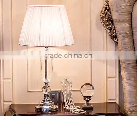 Silver plated metal lampstand clear K9 crystal carving table lamp with fabric lampshade