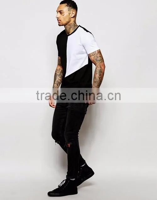 Fashion men cut & sew square panel round collar short sleeve plain t-shirt wholesale custom factories