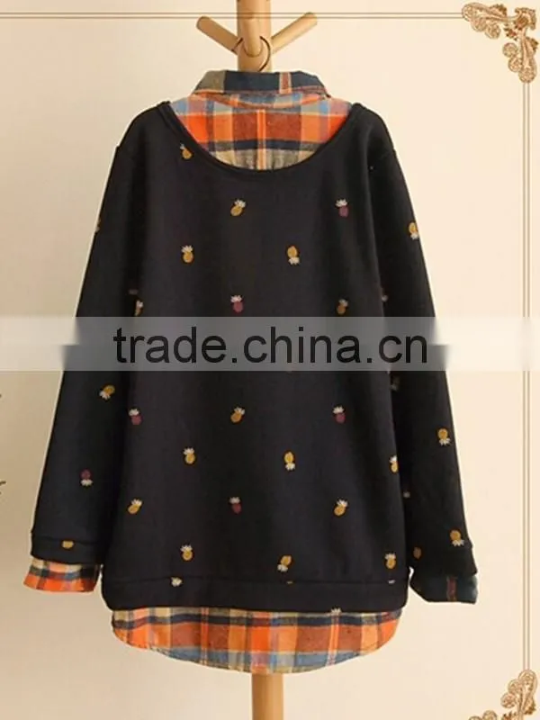 Spring and autumn lovely printed fake 2pcs long sleeve blouse designs fashion women plaid shirt