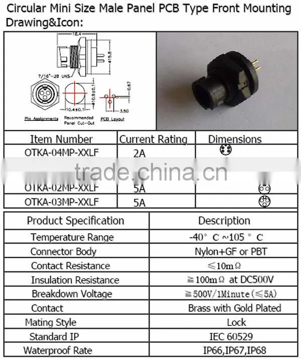 Circular mini size male panel PCB type front mounting Waterproof Connector