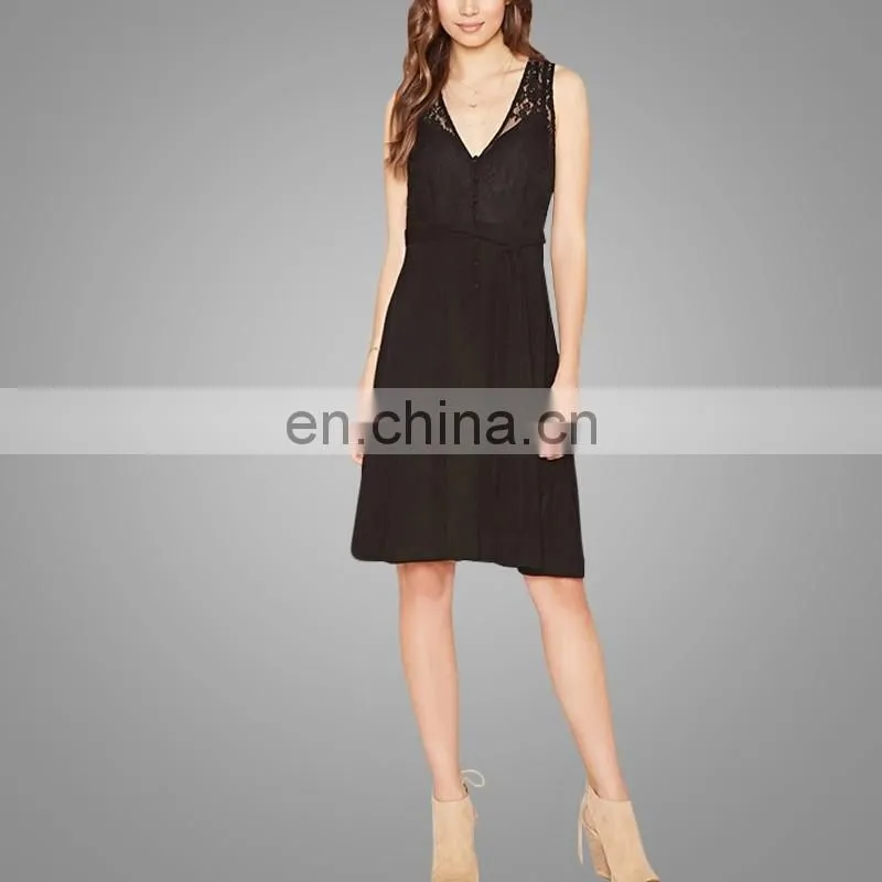 Latest High Quality Black Floral Lace Women V Neck Sleeveless Midi Sexy Lace Prom Dress