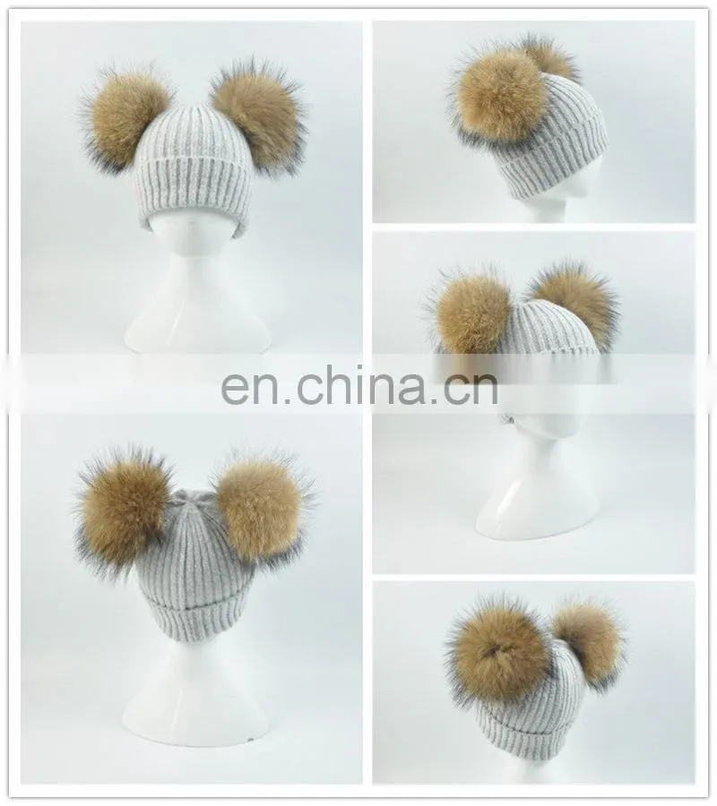 Kids Removable Fur Bobble Hat Winter Double Pom Pom Hat Crochet Kids Hat