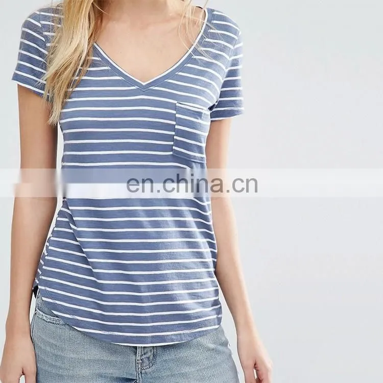 Bulk wholesale clothing custom women elongated extended wholesale striped t-shirt