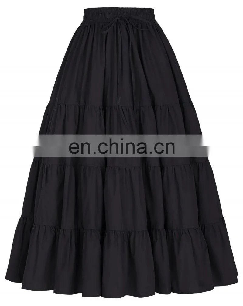 Belle Poque Women's Solid Black Color Wide Hem Cotton Maxi Skirt Long Skirt BP000207-1