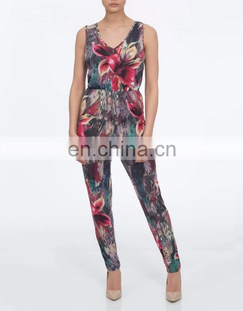 Latest Custom Printed Casual Jumpsuit Lily Floral Printed Sleeveless V Neck Jumpsuit