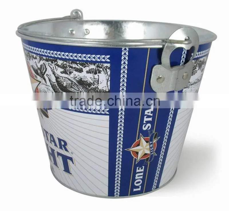 CMYK Logo 5L galvanized iron tin ice bucket, beer bucket, ice pails cooler with openner
