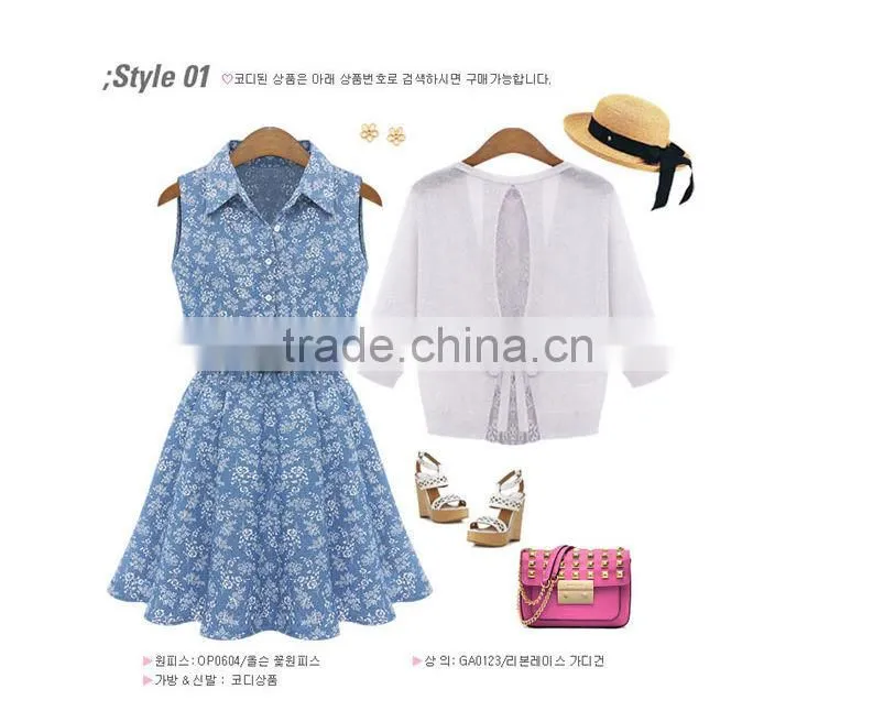 2014 new design Denim Floral Print Sleeveless Dress , Polo Collar Dress