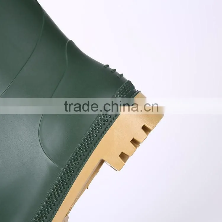 Factory price green pvc rain boots without steel toe, cheap plastic pvc rain boots