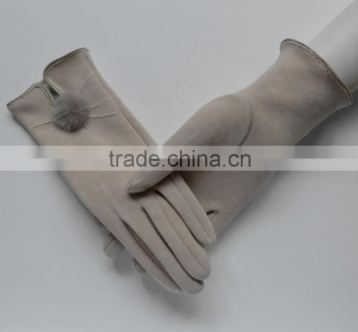 Wholesale Comfortable Winter Girls Rabbit Fur balls Cuff Thick Wool Gloves
