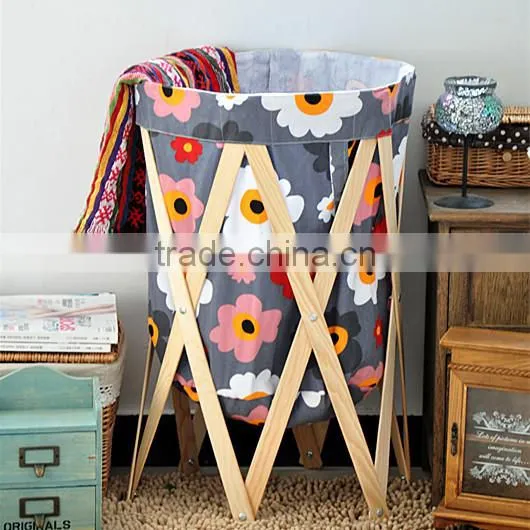 High quality round home foldable laundry storage basket with wood