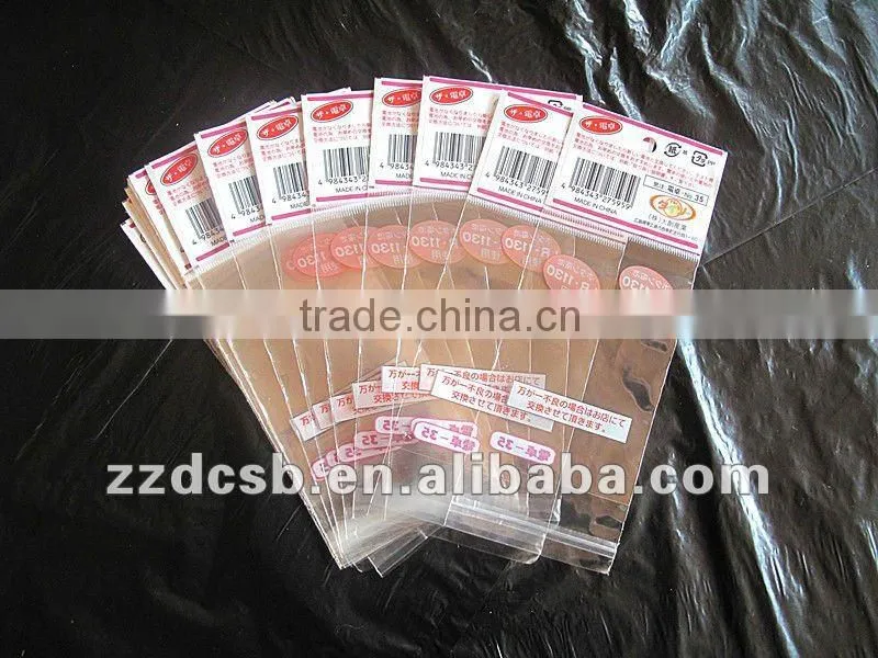 Plastic resealable opp header bag with self adhesive flap at the top
