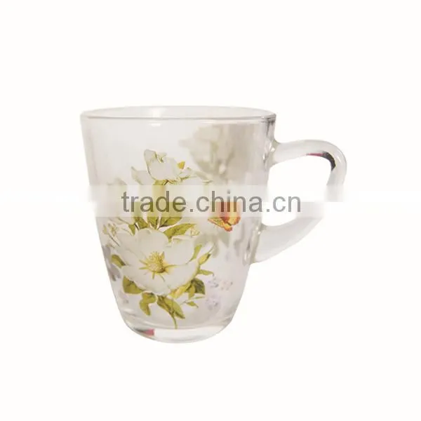 promotion flower decal printed tea glss mug with handle