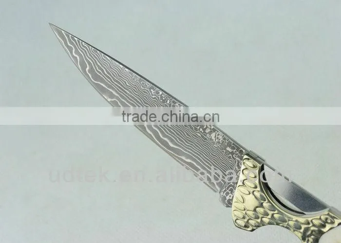 Antler + Brass Handle OEM Damascus Steel Folding Knife Collection Knife Hand Tool UDTEK01304