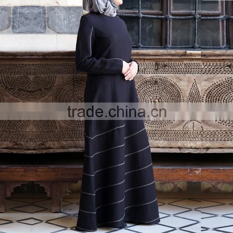 Fashion vintage plain fabric long sleeve bias trim muslim women long dress