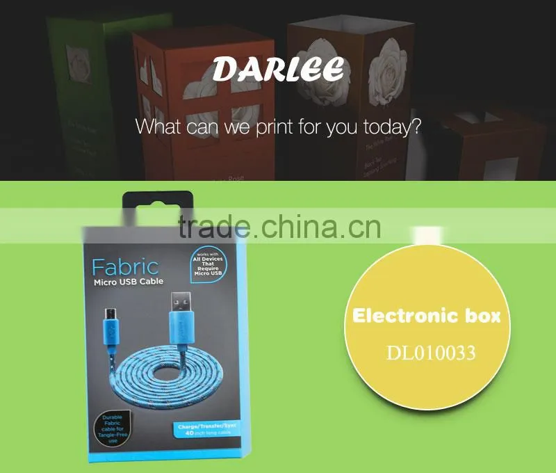 Wholesale unique design spot uv embossed custom free sample data cable package box with hang hole