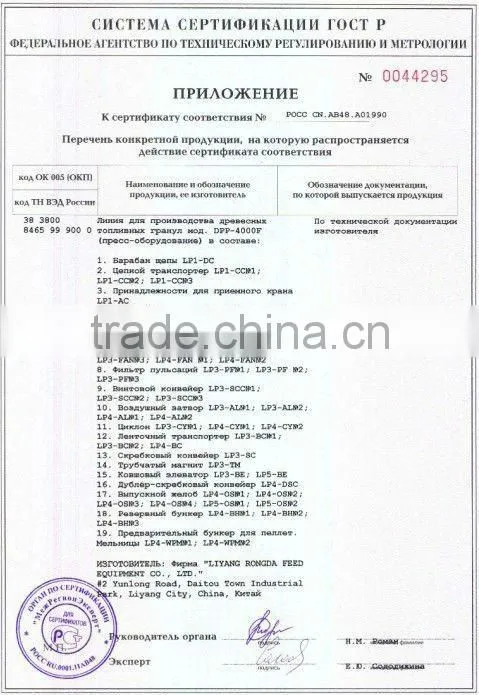 Liyang aquatic feed pelleting line CE GOST SGS certificate
