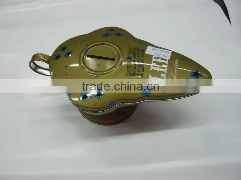 Hot sale irregular shape metal coin bank with handle