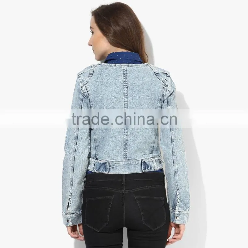 blue washed zipper denim jacket side double for women