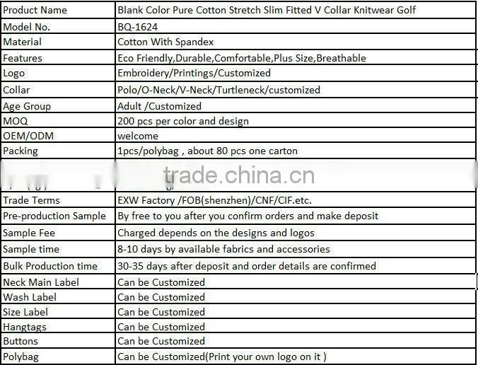 Blank Color Pure Cotton Stretch Slim Fitted V Collar Knitwear Golf