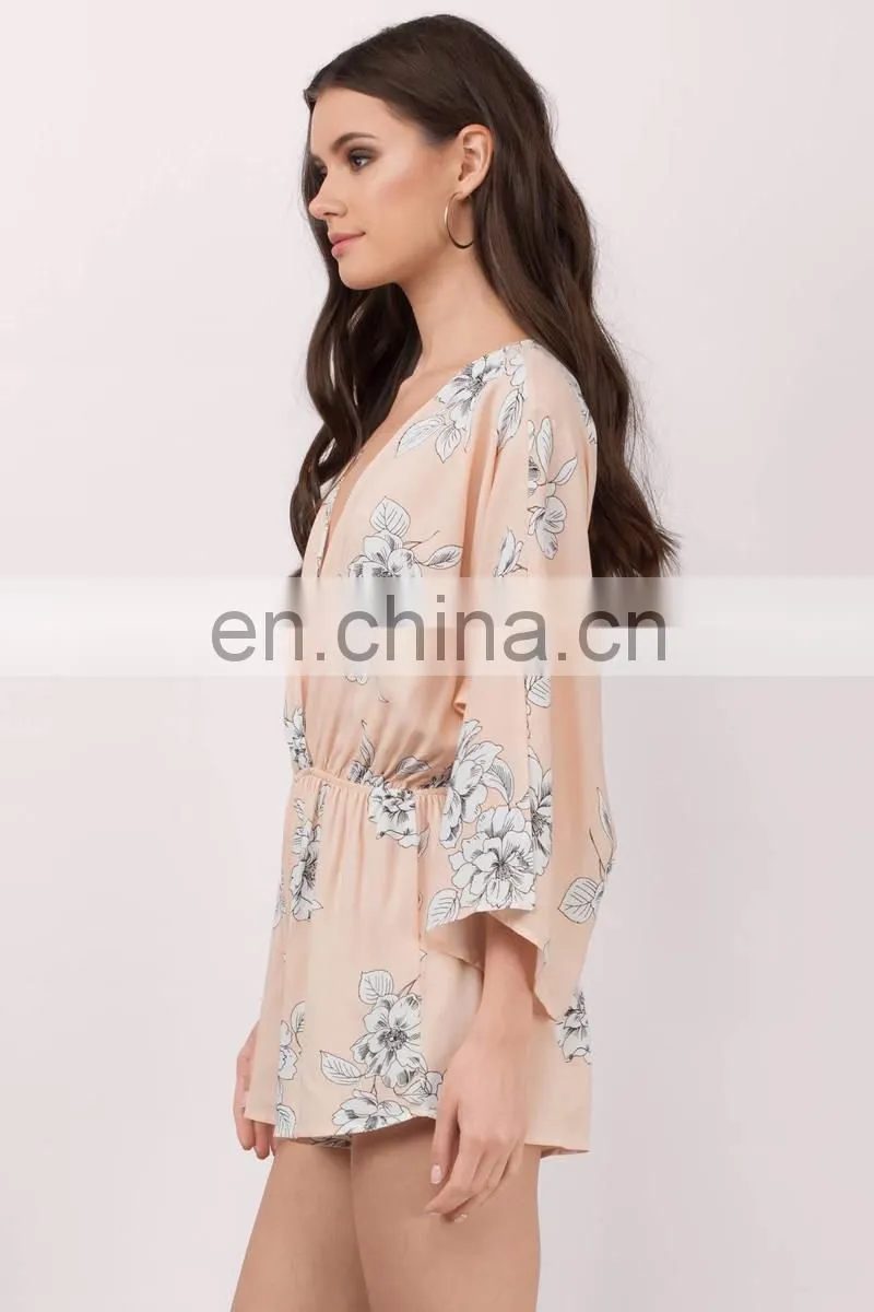 Peach Floral Print Summer Romper Fashion Women Clothing