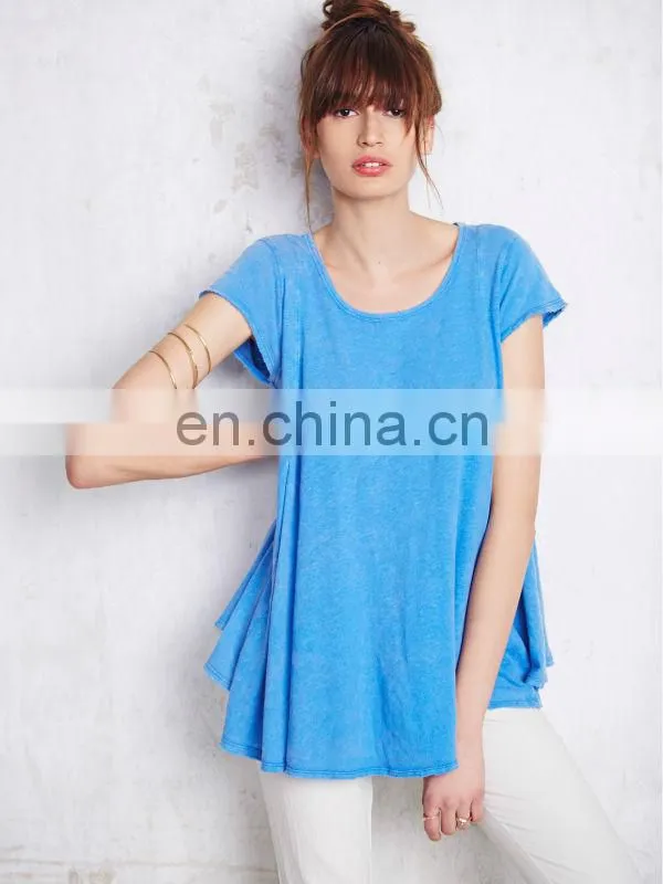 Short sleeve cotton jersey plain color ladie back cutout tops,high quality babydoll shirt