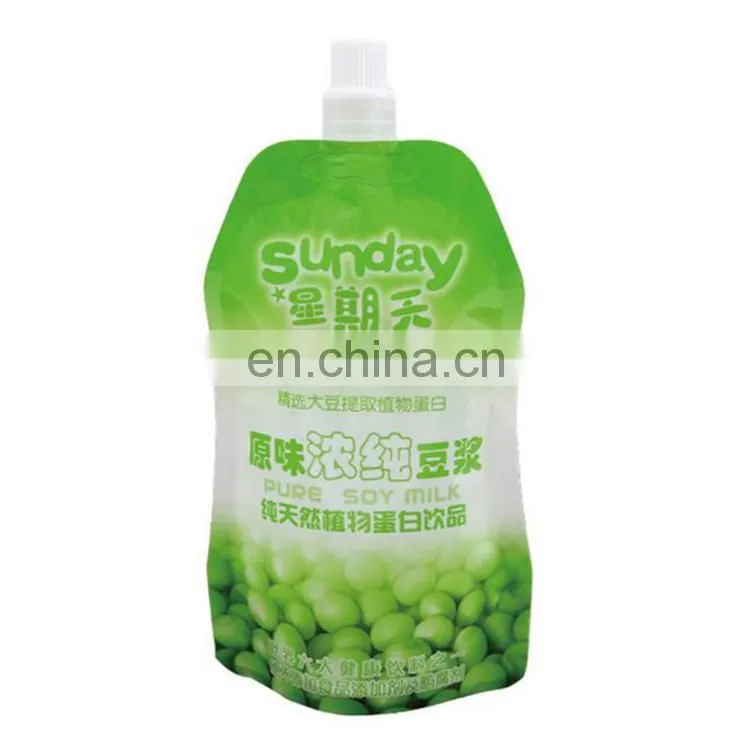 Custom cheap price food grade stand up soy milk/juice/wine packaging spout pouch with tear note