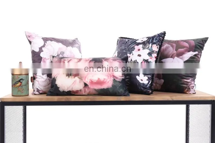 3D flower colorful printed decorative pompom linen square cushions cushion for chair sofa