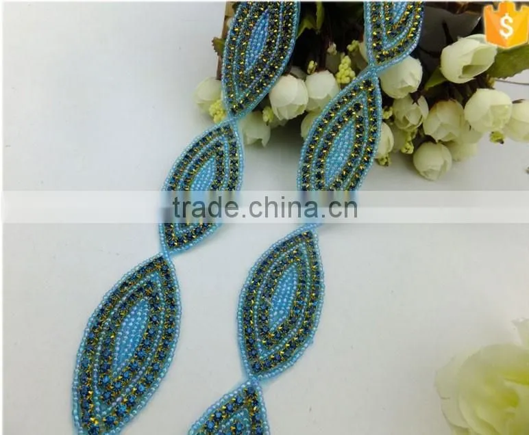 Blue Beaded Rhinestone Crystal Bridal Ribbon Belt Craft Applique