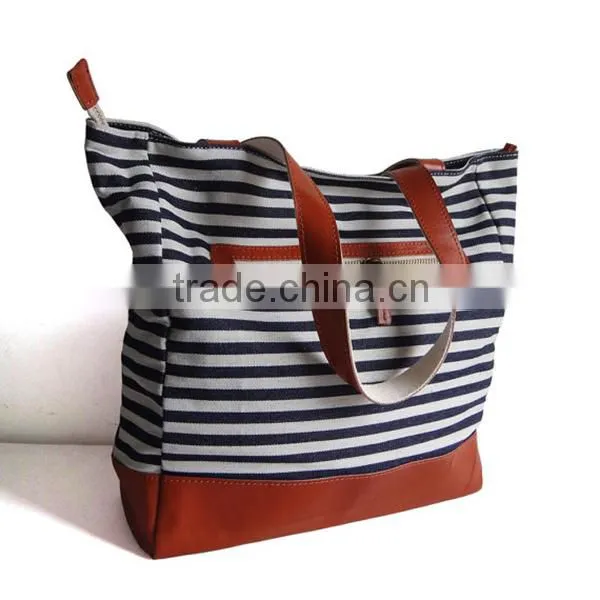 Navy Stripe Stylish Denim Bag Denim Tote Bag With Leather Trim