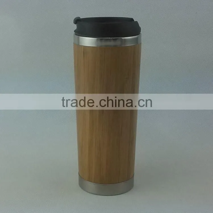 Mlife manufacture good quality 450ml inner 18/8 304 stainless steel outer bamboo vacuum tea mug flask, custom logo