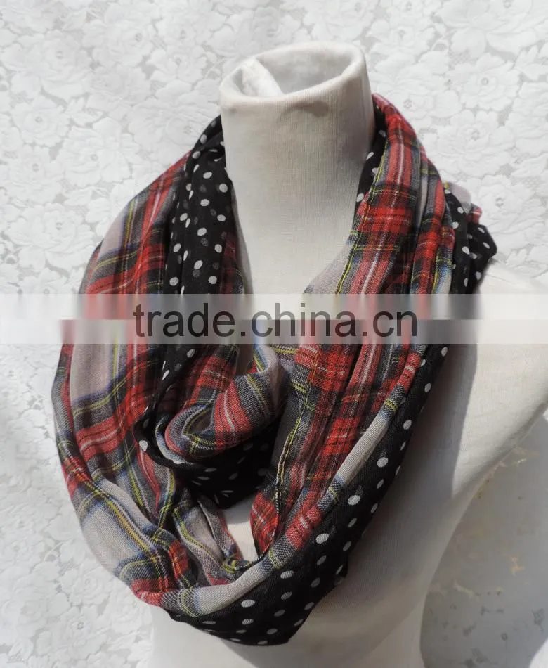 Wholesale Custom Polka Dot and Plaid Print Fashion Women Infinity Scarf