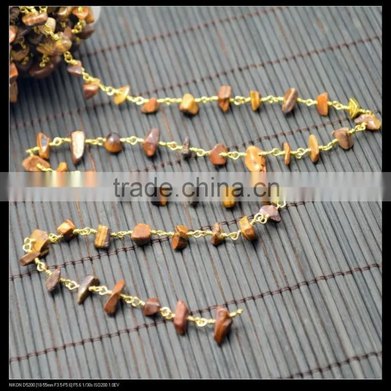 LFD-005C ~ Wholesale Gold Plated Wire Wrapped Freeform Tiger's Eye Chips Chain Gemstone Beaded Jewelry Finding