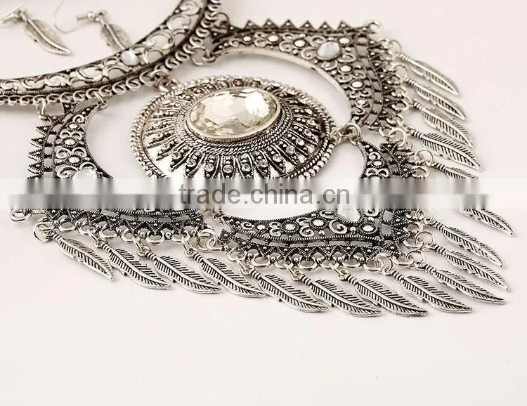 Turkish Jewelry Set Ethnic Antique Silver Choker Necklace With Tassel Leaf Pendant
