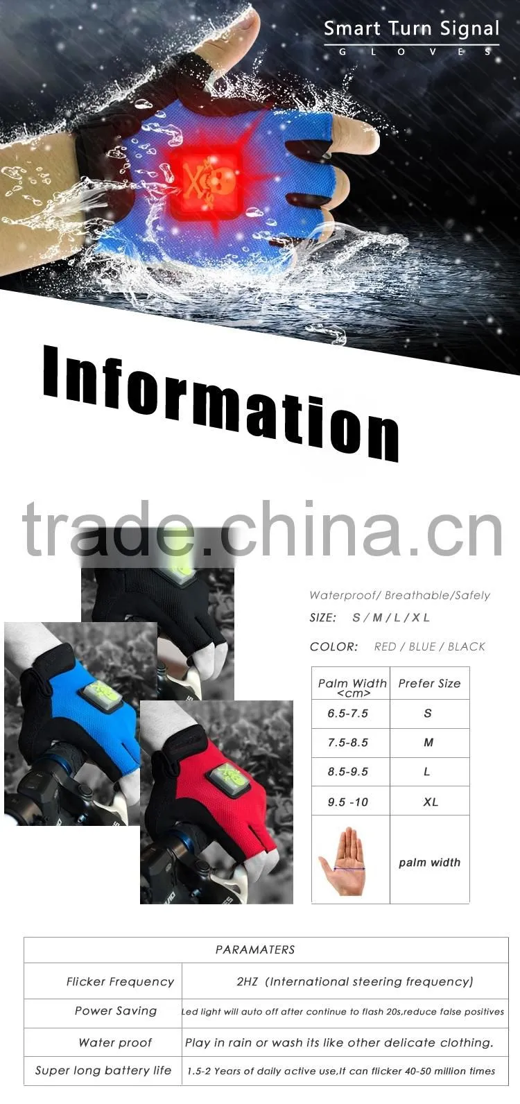 2016 Hot fashion new design cycling LED light Smart Direction Turn signal unisex gloves led cycling gloves half finger gloves